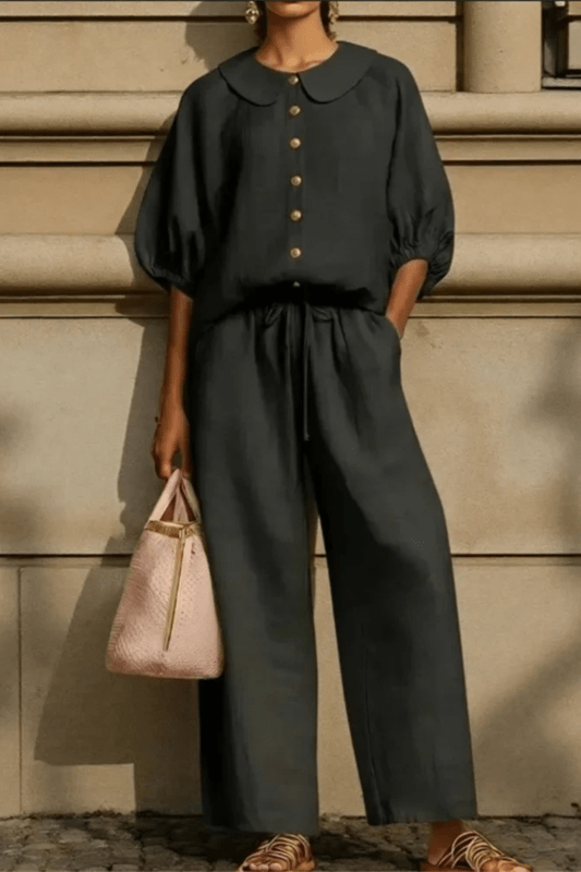 Women's Breathable Linen Co - Ord Set | Elegant Vintage Blouse and Relaxed Wide - Leg Trousers - Velshara store