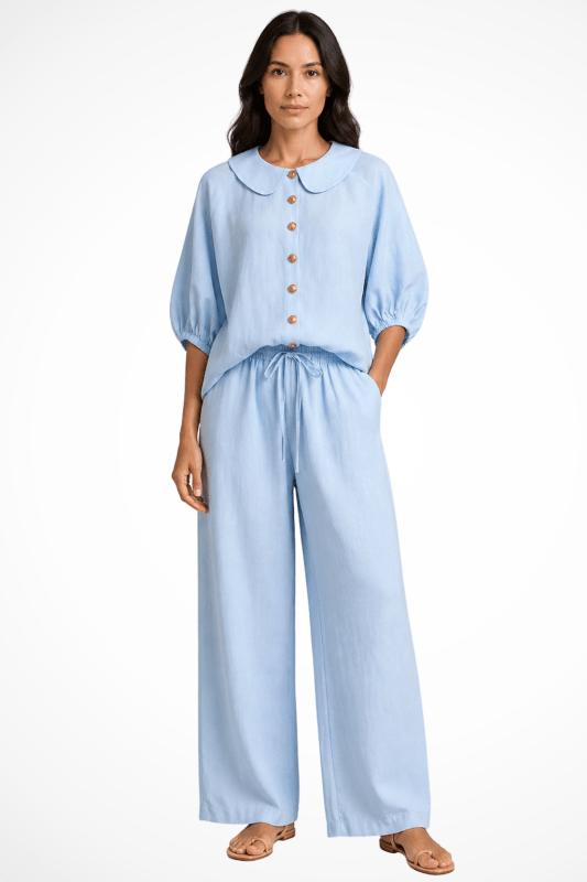 Women's Breathable Linen Co - Ord Set | Elegant Vintage Blouse and Relaxed Wide - Leg Trousers - Velshara store