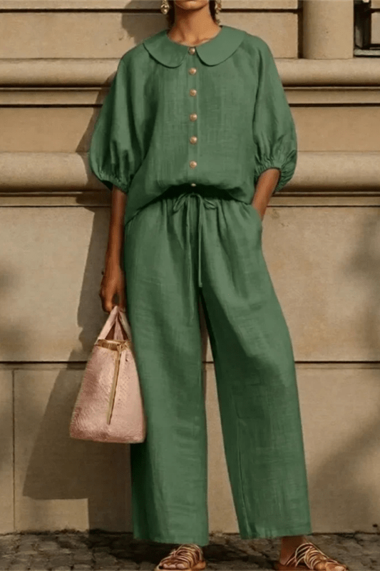 Women's Breathable Linen Co - Ord Set | Elegant Vintage Blouse and Relaxed Wide - Leg Trousers - Velshara store