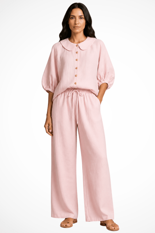 Women's Breathable Linen Co - Ord Set | Elegant Vintage Blouse and Relaxed Wide - Leg Trousers - Velshara store