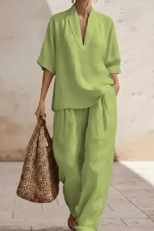 Women's Breathable Linen Co - Ord Set | Relaxed V - Neck Top & Wide - Leg Trousers - Velshara store