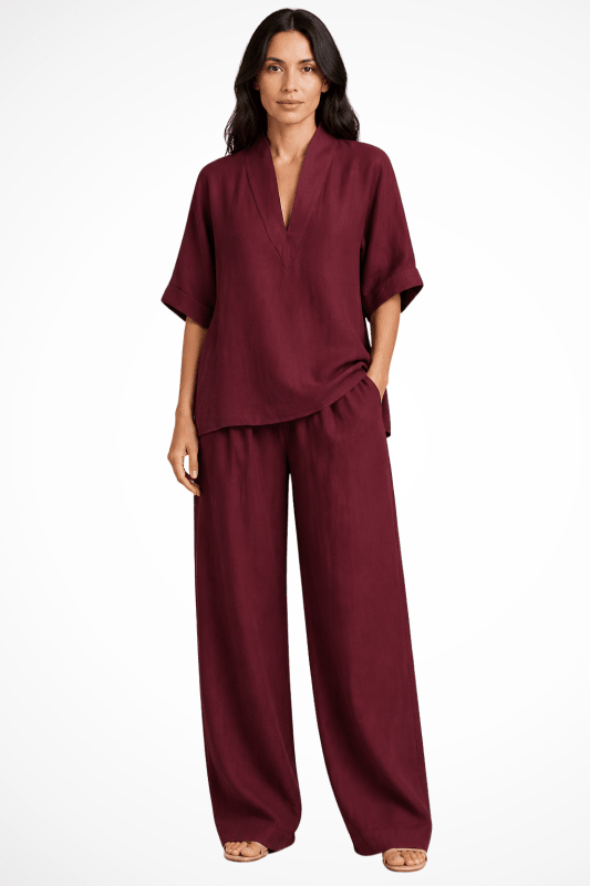 Women's Breathable Linen Co - Ord Set | Relaxed V - Neck Top & Wide - Leg Trousers - Velshara store
