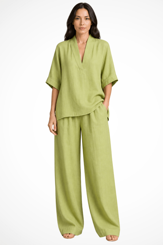 Women's Breathable Linen Co - Ord Set | Relaxed V - Neck Top & Wide - Leg Trousers - Velshara store