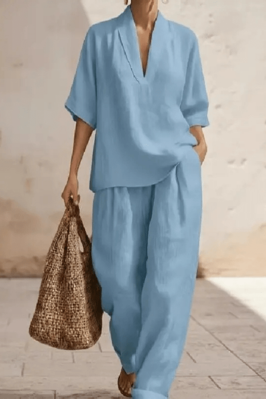 Women's Breathable Linen Co - Ord Set | Relaxed V - Neck Top & Wide - Leg Trousers - Velshara store