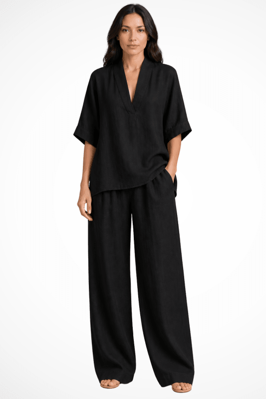 Women's Breathable Linen Co - Ord Set | Relaxed V - Neck Top & Wide - Leg Trousers - Velshara store