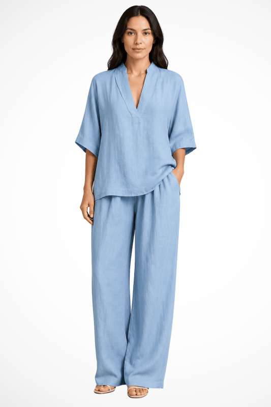 Women's Breathable Linen Co - Ord Set | Relaxed V - Neck Top & Wide - Leg Trousers - Velshara store