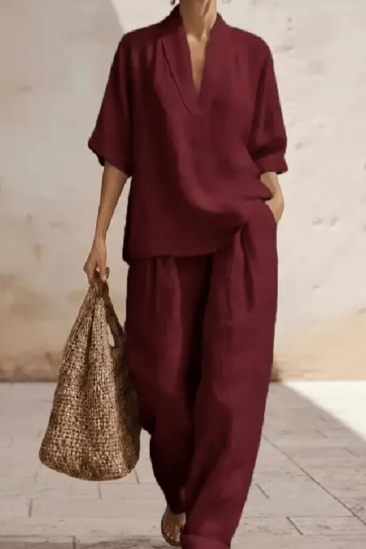 Women's Breathable Linen Co - Ord Set | Relaxed V - Neck Top & Wide - Leg Trousers - Velshara store