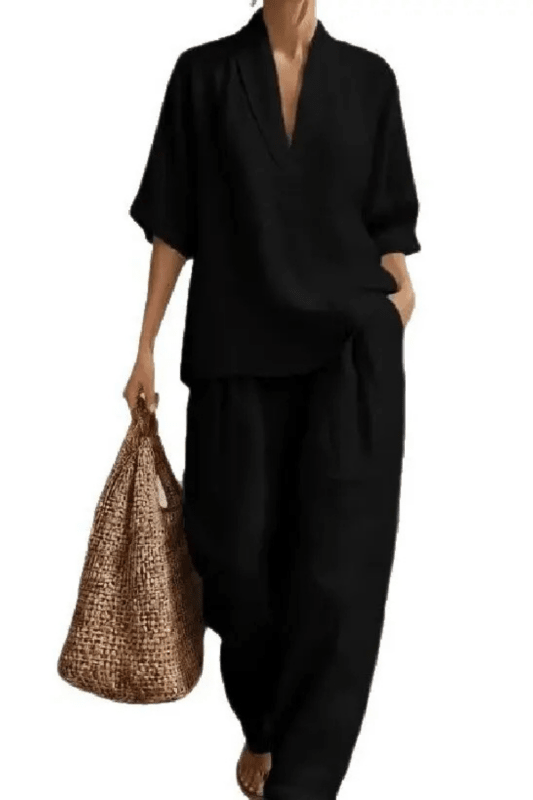 Women's Breathable Linen Co - Ord Set | Relaxed V - Neck Top & Wide - Leg Trousers - Velshara store