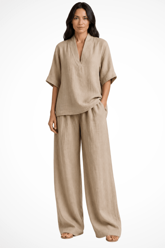 Women's Breathable Linen Co - Ord Set | Relaxed V - Neck Top & Wide - Leg Trousers - Velshara store