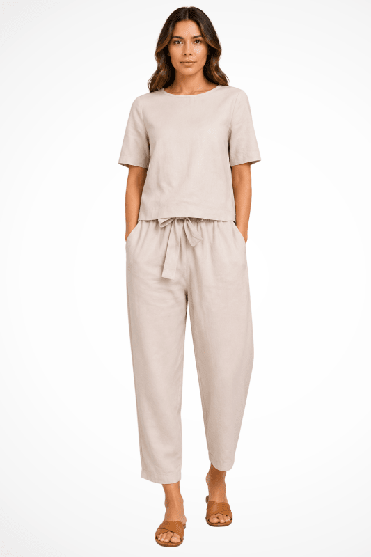 Women's Breathable Linen Loungewear Set | Relaxed Fit Crop Top and Tapered Trousers - Velshara store