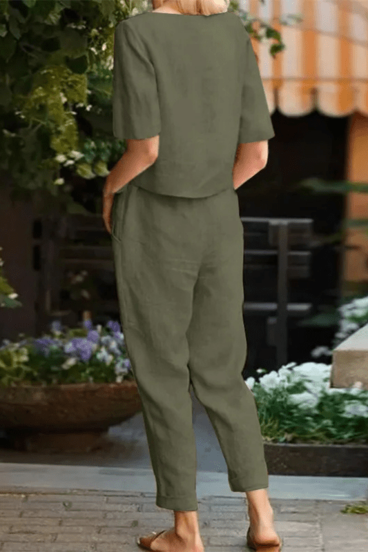 Women's Breathable Linen Loungewear Set | Relaxed Fit Crop Top and Tapered Trousers - Velshara store