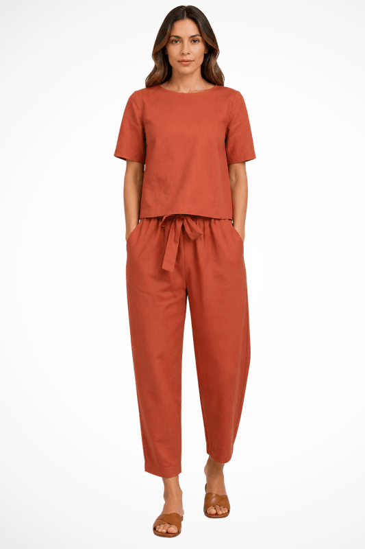 Women's Breathable Linen Loungewear Set | Relaxed Fit Crop Top and Tapered Trousers - Velshara store