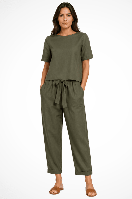Women's Breathable Linen Loungewear Set | Relaxed Fit Crop Top and Tapered Trousers - Velshara store
