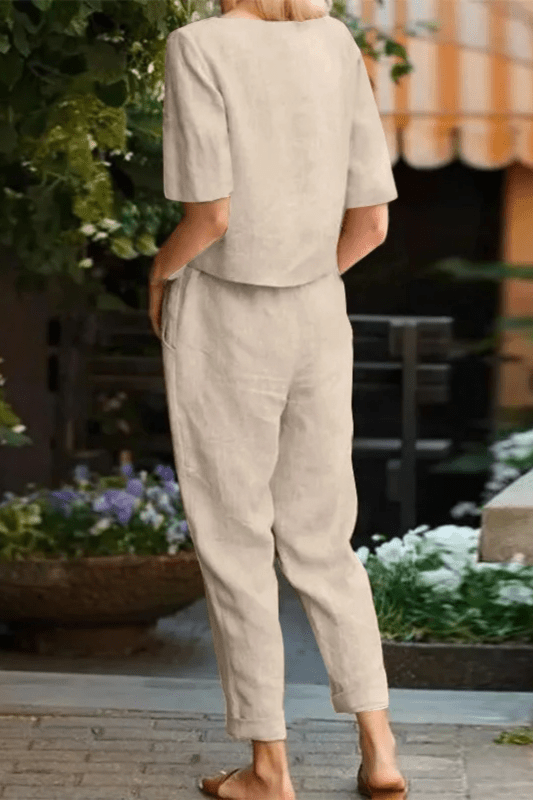 Women's Breathable Linen Loungewear Set | Relaxed Fit Crop Top and Tapered Trousers - Velshara store