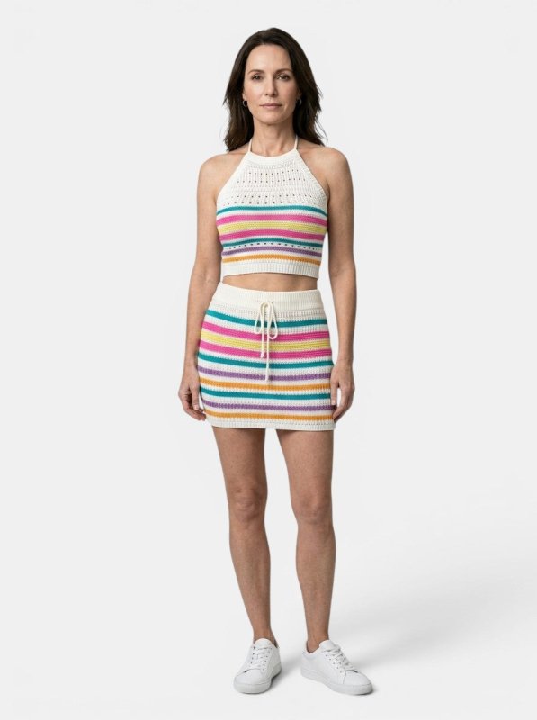 Women's Colorful Crochet Knit Two Piece Set | Playful Halter Crop Top and Fitted Mini Skirt - Velshara store