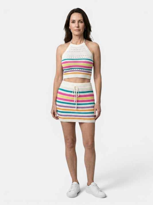 Women's Colorful Crochet Knit Two Piece Set | Playful Halter Crop Top and Fitted Mini Skirt - Velshara store