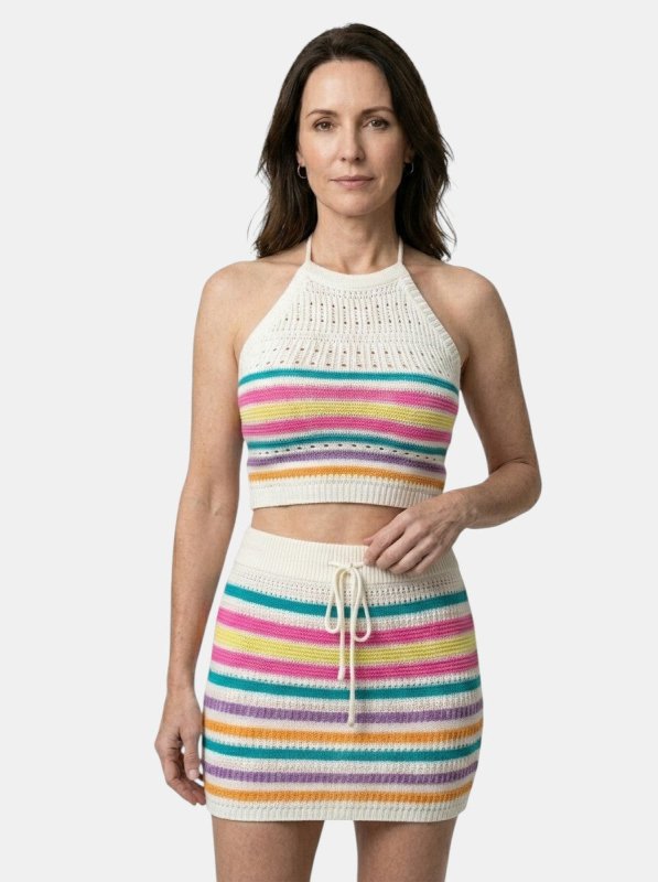Women's Colorful Crochet Knit Two Piece Set | Playful Halter Crop Top and Fitted Mini Skirt - Velshara store