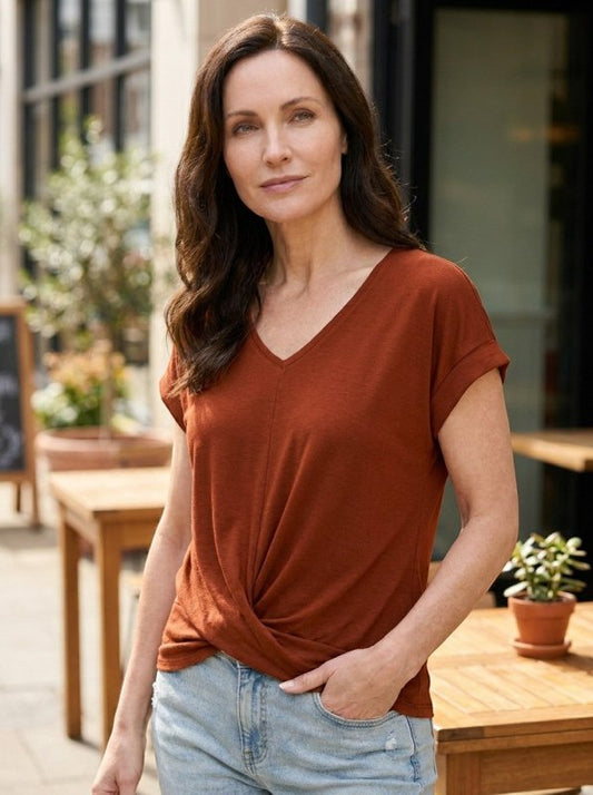 Women's Comfortable V - Neck Twist Front Top | Relaxed Fit Short Sleeve Shirt for Spring and Summer - Velshara store