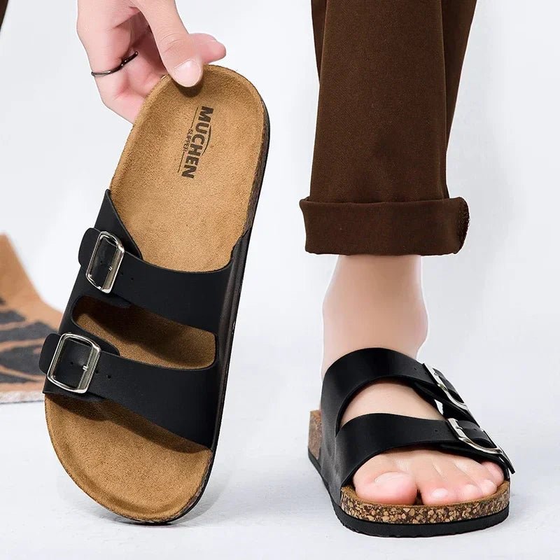 Women’s Cork Footbed Sandals – Brown Double Buckle Slip - On Flat Slides - Velshara store
