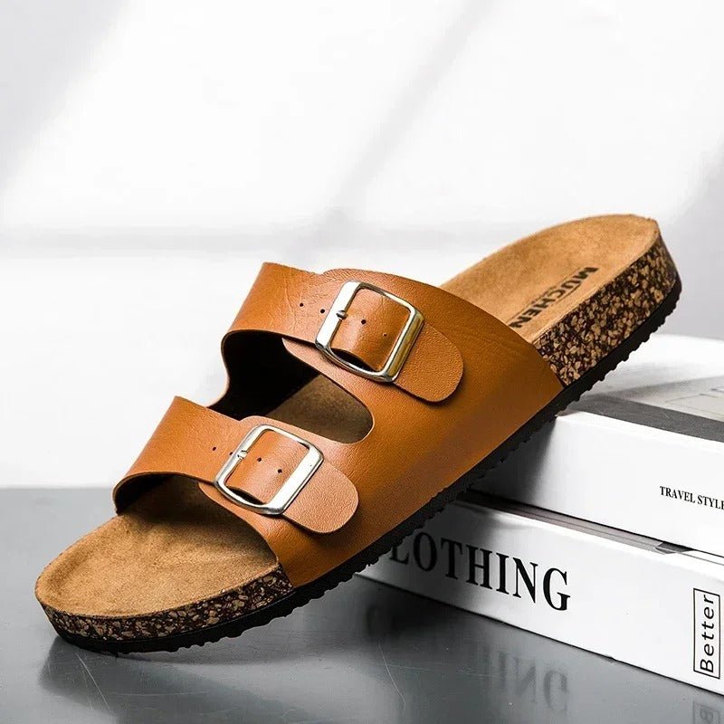 Women’s Cork Footbed Sandals – Brown Double Buckle Slip - On Flat Slides - Velshara store