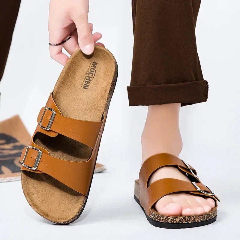 Women’s Cork Footbed Sandals – Brown Double Buckle Slip - On Flat Slides - Velshara store
