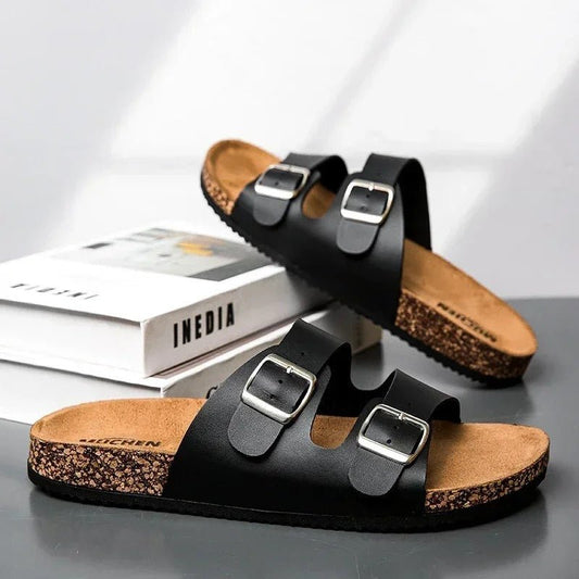 Women’s Cork Footbed Sandals – Brown Double Buckle Slip - On Flat Slides - Velshara store