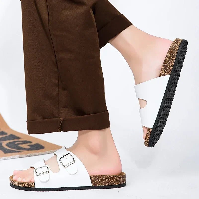 Women’s Cork Footbed Sandals – Brown Double Buckle Slip - On Flat Slides - Velshara store