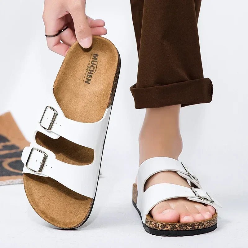 Women’s Cork Footbed Sandals – Brown Double Buckle Slip - On Flat Slides - Velshara store