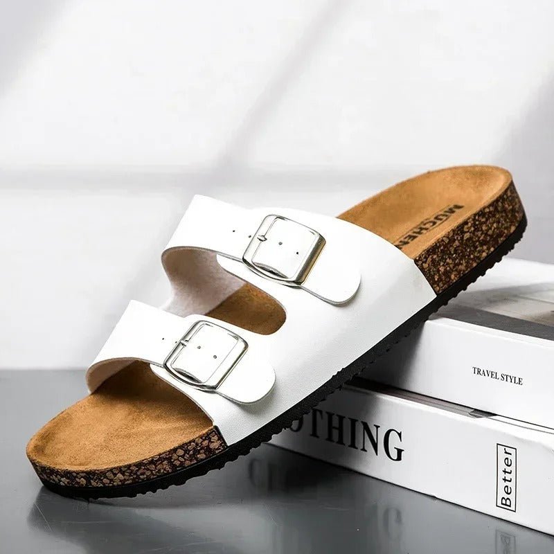 Women’s Cork Footbed Sandals – Brown Double Buckle Slip - On Flat Slides - Velshara store
