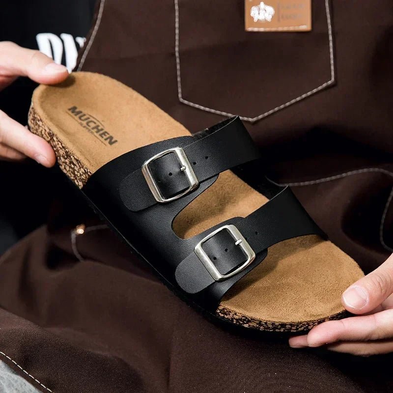 Women’s Cork Footbed Sandals – Brown Double Buckle Slip - On Flat Slides - Velshara store