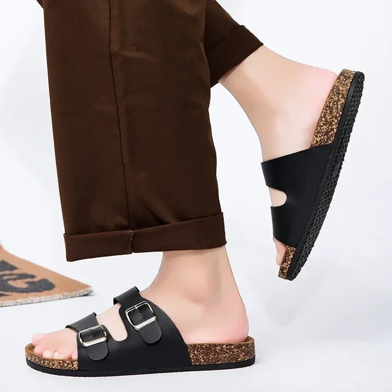 Women’s Cork Footbed Sandals – Brown Double Buckle Slip - On Flat Slides - Velshara store