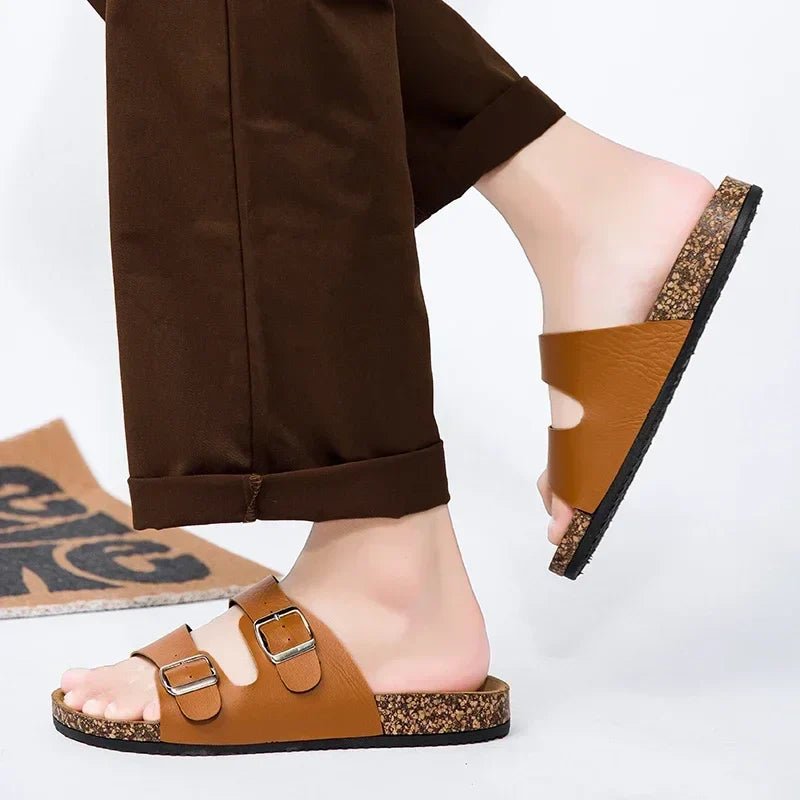 Women’s Cork Footbed Sandals – Brown Double Buckle Slip - On Flat Slides - Velshara store