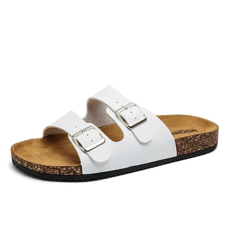 Women’s Cork Footbed Sandals – Brown Double Buckle Slip - On Flat Slides - Velshara store