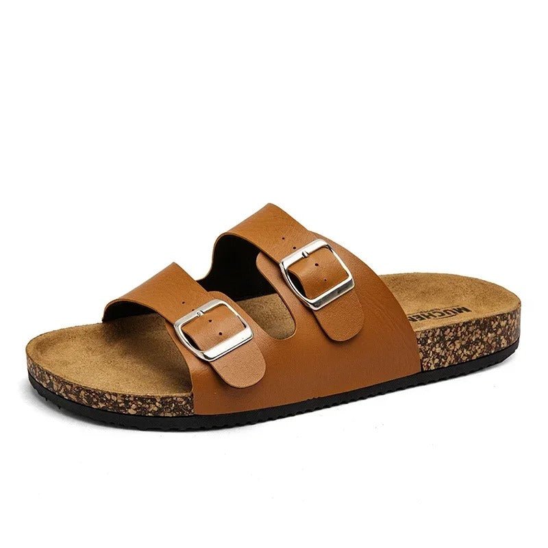 Women’s Cork Footbed Sandals – Brown Double Buckle Slip - On Flat Slides - Velshara store