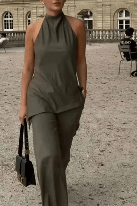 Women's Cotton Blend Co - Ord Set | Elegant Halter Neck Top and Wide Leg Trousers - Velshara store
