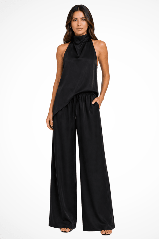 Women's Cotton Blend Co - Ord Set | Elegant Halter Neck Top and Wide Leg Trousers - Velshara store