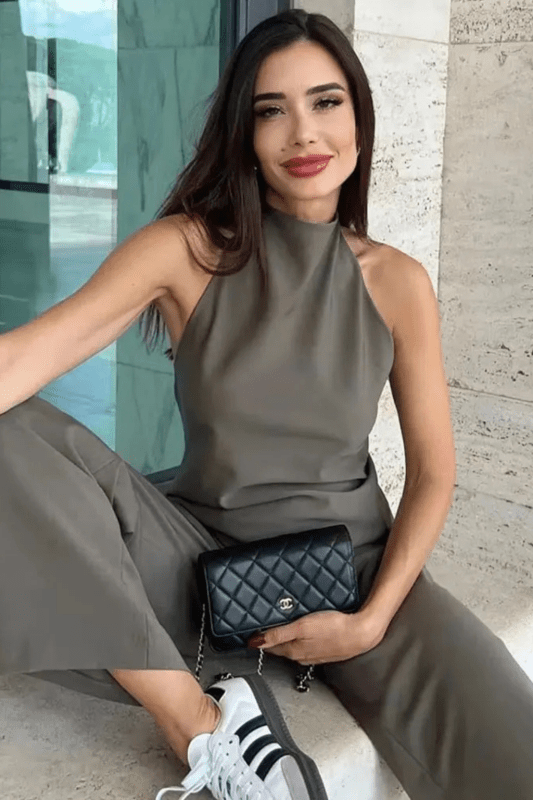 Women's Cotton Blend Co - Ord Set | Elegant Halter Neck Top and Wide Leg Trousers - Velshara store