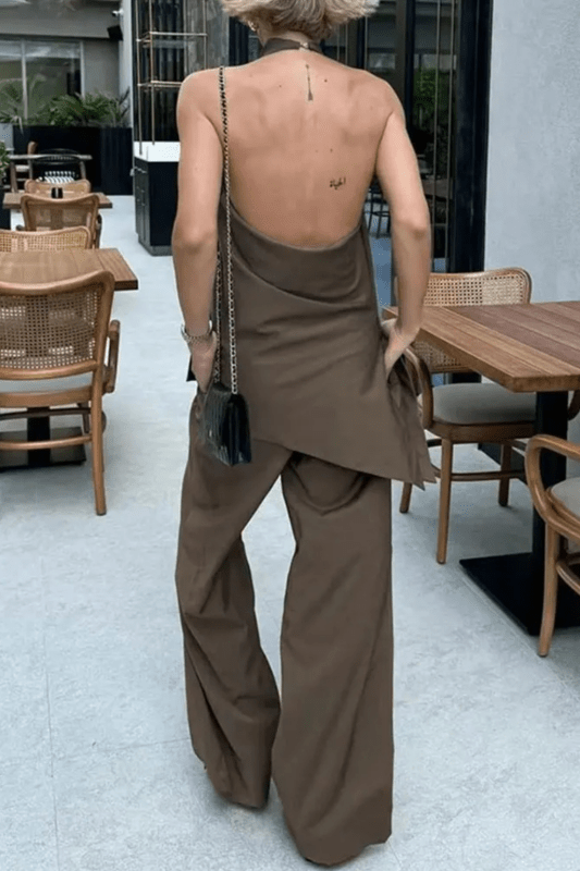 Women's Cotton Blend Co - Ord Set | Elegant Halter Neck Top and Wide Leg Trousers - Velshara store