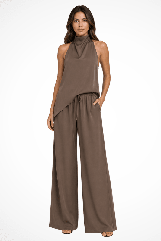Women's Cotton Blend Co - Ord Set | Elegant Halter Neck Top and Wide Leg Trousers - Velshara store