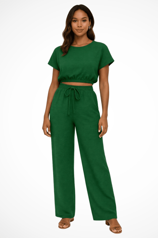Women's Cotton Blend Co Ord Set | Relaxed Cropped Top and Wide Leg Trousers - Velshara store