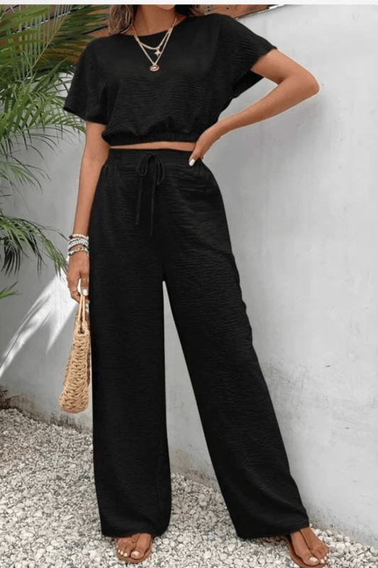 Women's Cotton Blend Co Ord Set | Relaxed Cropped Top and Wide Leg Trousers - Velshara store