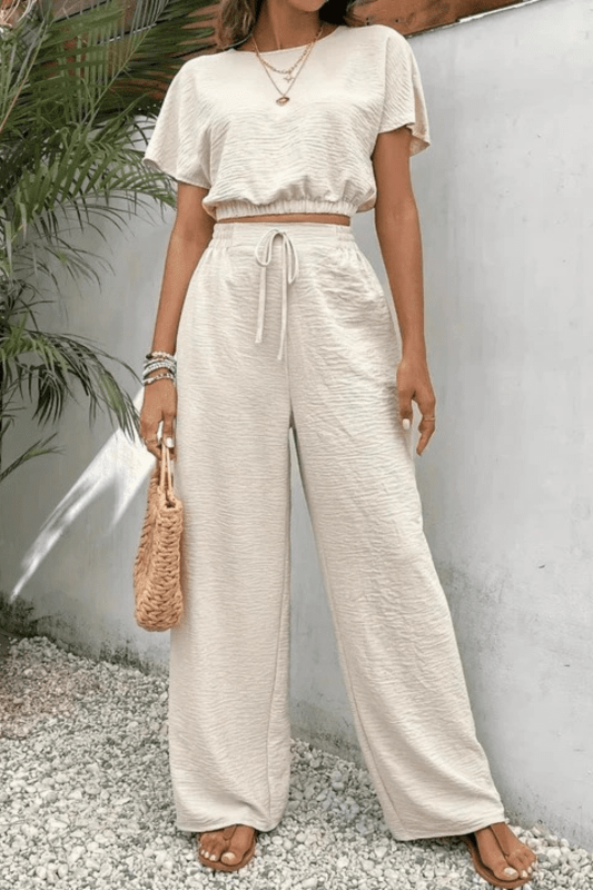 Women's Cotton Blend Co Ord Set | Relaxed Cropped Top and Wide Leg Trousers - Velshara store