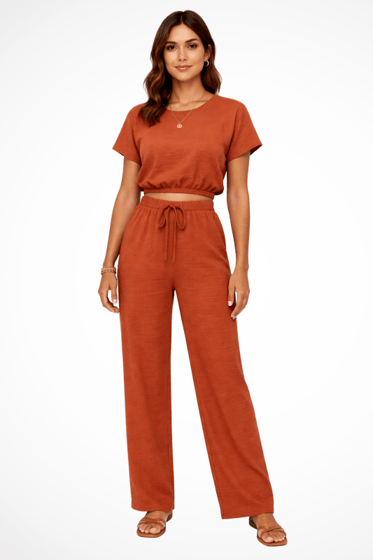 Women's Cotton Blend Co Ord Set | Relaxed Cropped Top and Wide Leg Trousers - Velshara store