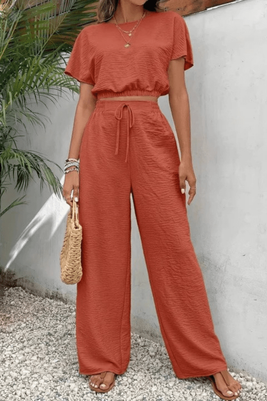 Women's Cotton Blend Co Ord Set | Relaxed Cropped Top and Wide Leg Trousers - Velshara store