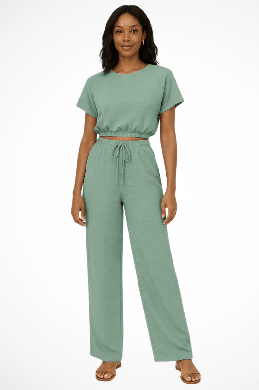 Women's Cotton Blend Co Ord Set | Relaxed Cropped Top and Wide Leg Trousers - Velshara store