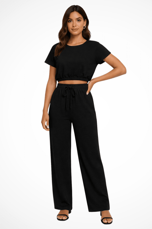 Women's Cotton Blend Co Ord Set | Relaxed Cropped Top and Wide Leg Trousers - Velshara store