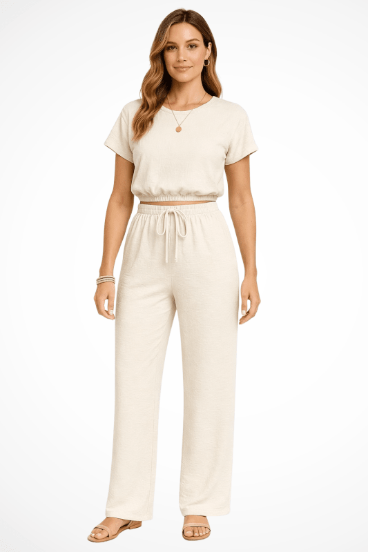 Women's Cotton Blend Co Ord Set | Relaxed Cropped Top and Wide Leg Trousers - Velshara store