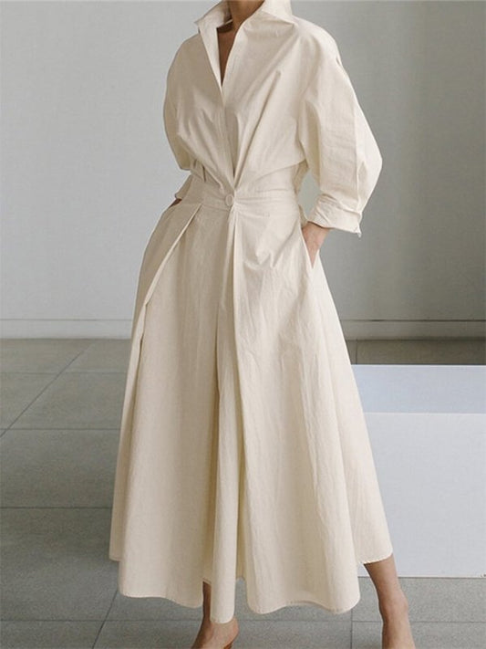 Women's Cotton Blend Shirt Dress | Elegant Collared Summer Dress with Flattering Waist Tie - Velshara store