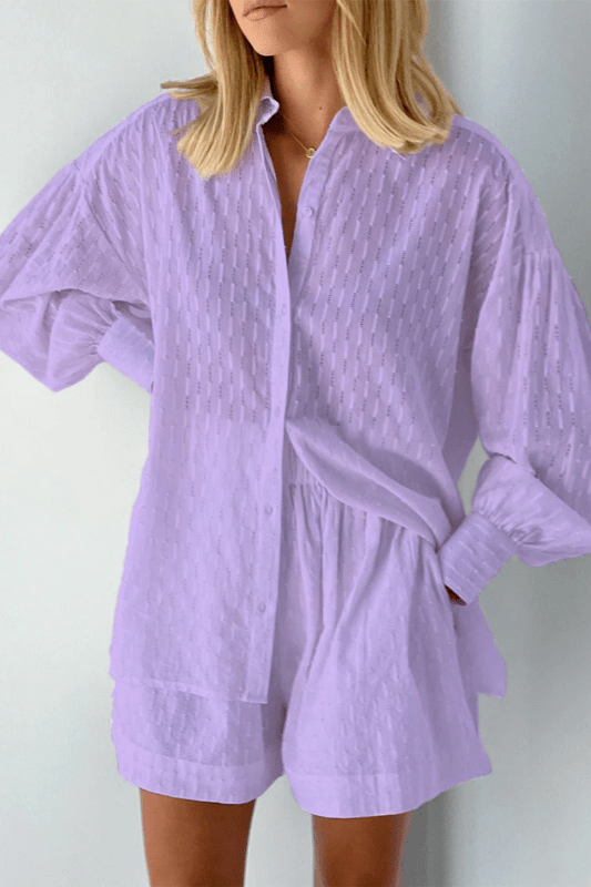 Women's Cotton Broderie Summer Two Piece Set | Relaxed Oversized Shirt and Shorts - Velshara store