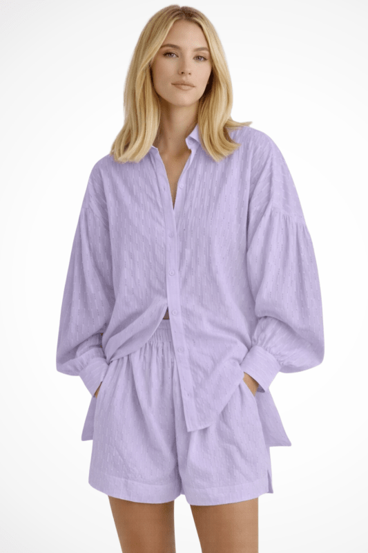 Women's Cotton Broderie Summer Two Piece Set | Relaxed Oversized Shirt and Shorts - Velshara store